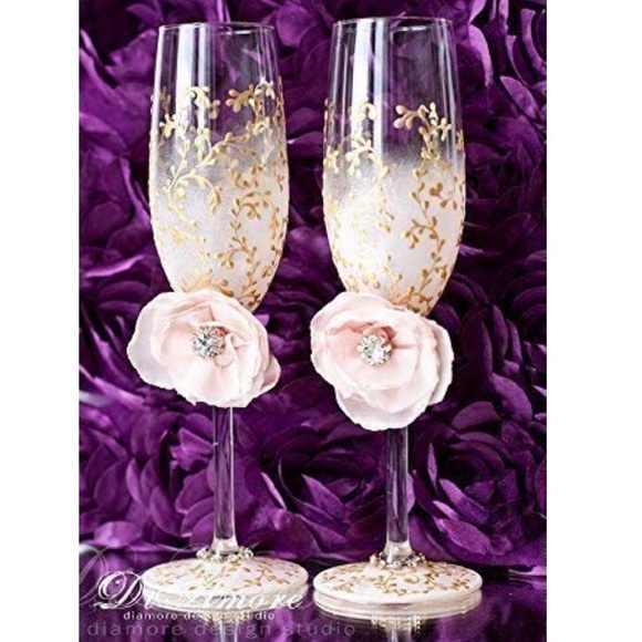 DIAMORE Handmade Blush Floral/Lace Gold Wedding Champagne Flutes (Set of 2) - Picture 4 of 7